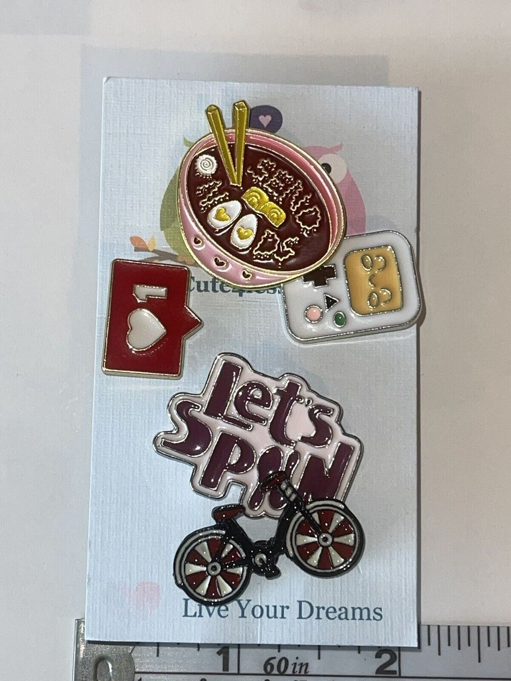 Lot Of 5 Pins Brooches Pin Send Noods Heart Game Boy Let’s Spoon Bike Bicycle